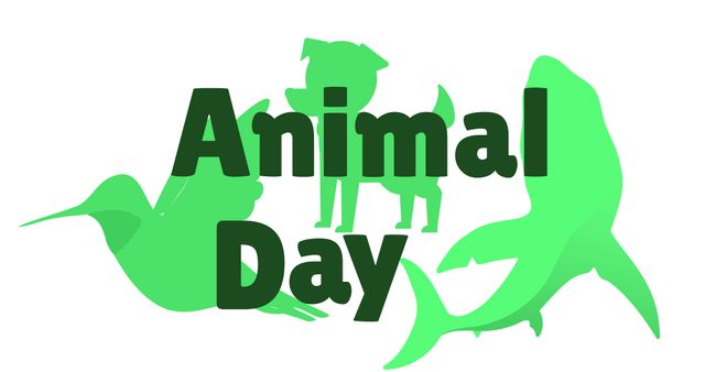 Illustration of green bird, dog and fish with animal day text on white background. Cartoon, computer graphics, vector, world animal day, environmental conservation, pet and animal.