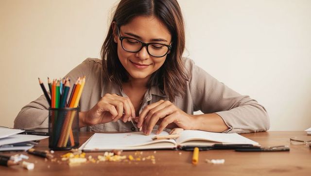 Asian woman sharpening pencil at wooden desk studying with notebook and colored pencils