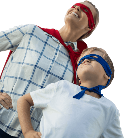 Joyful mother and son in transparent superhero costumes