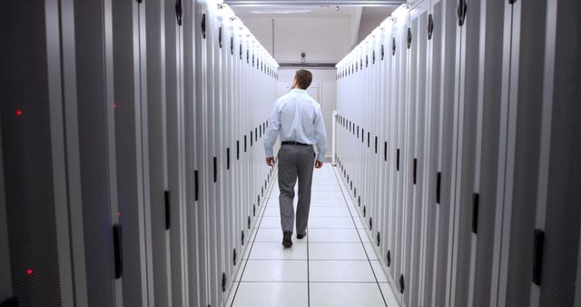 IT professional is walking through a data center's row of server racks, likely monitoring equipment performance. Useful for illustrating IT operations, networking infrastructure, and modern technology environments.