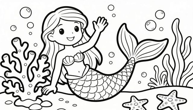 Smiling mermaid waving on sea floor, seashell top and scaly tail coloring page with coral