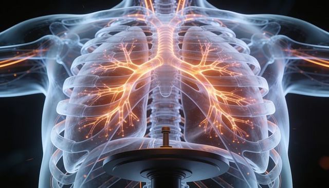 Transparent thorax showing glowing bronchial tree and ribcage 3d medical visualization