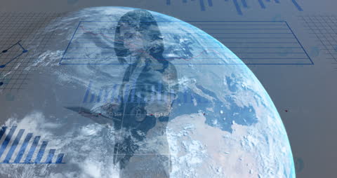 Global Businesswoman Analyzing Digital Data Interfaced with Earth