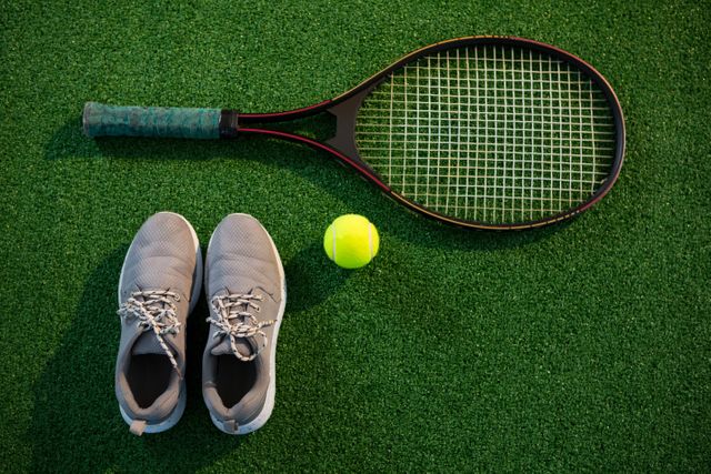 This image shows a tennis racket, a tennis ball, and a pair of sports shoes placed on a grass court. Ideal for use in sports-related articles, fitness blogs, and advertisements for tennis equipment or athletic footwear.