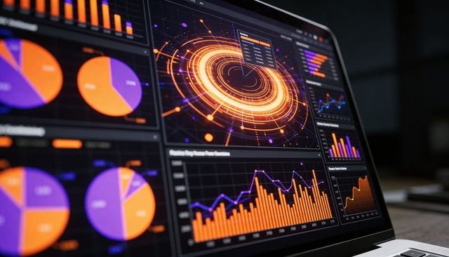 Futuristic ai analytics dashboard glowing orange and purple with radial visual on laptop