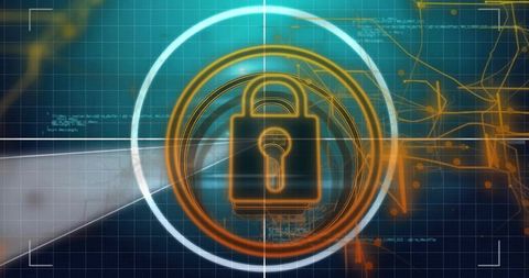 Digital Padlock Protecting Data on Cybersecurity HUD with Glowing Rings and Grid