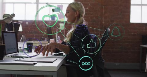 Woman Engaging Digital Network Concepts in Modern Office