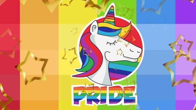 This colorful illustration of a unicorn with a rainbow mane and horn, surrounded by falling stars, is ideal for promoting LGBTQ pride events, equality campaigns, and celebration banners. The PRIDE text emphasizes inclusivity and acceptance in fun, engaging videory suitable for social media posts and digital graphics honoring diverse communities.