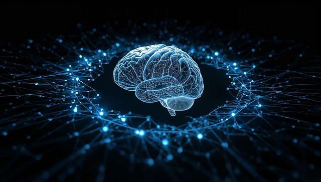 Floating holographic brain surrounded by glowing neural network nodes and data mesh concept
