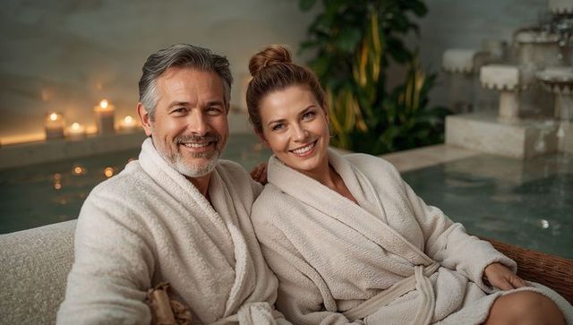 Couple relaxing in plush bathrobes at candlelit spa by indoor pool romantic retreat