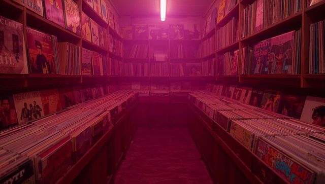 Neon Pink Vinyl Record Aisle Glowing with Retro LP Shelving and Wooden Bins