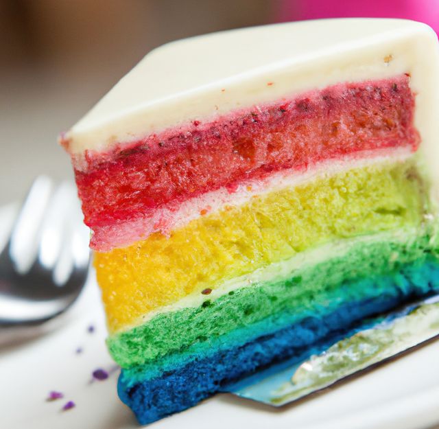 Image of close up of slice of rainbow cake with multi coloured layers on plate. Baking, sweets, dessert and eating and breakfast concept.