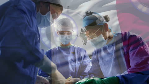 Surgical Team Operating with French Flag Overlay
