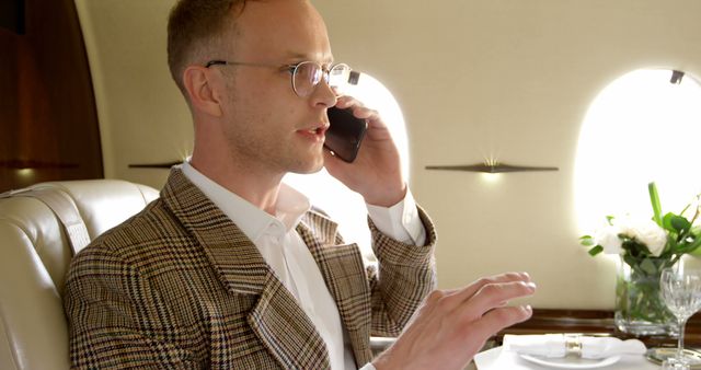 Businessman on Corporate Jet Making Phone Call - Download Free Stock Images Pikwizard.com