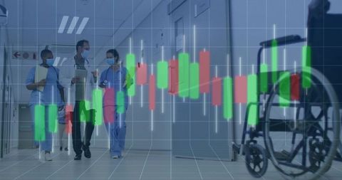 Healthcare Professionals Discussing Patient Care with Stock Chart Overlay