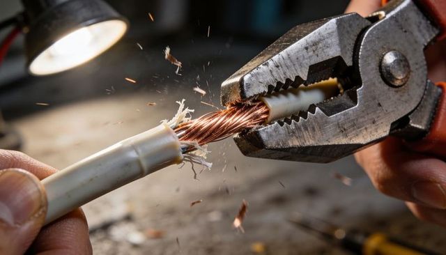 Stripping multi-stranded copper cable with pliers producing sparks on workbench closeup