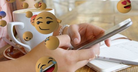 Woman Texting with Floating Emojis in Café Background - Download Free Stock Images Pikwizard.com