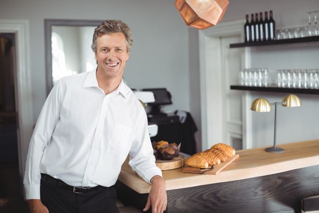 Waiter smiling at camera in a modern restaurant, standing by a counter with pastries. Ideal for use in hospitality industry promotions, restaurant advertisements, customer service training materials, and food service marketing.