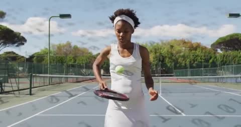 Female Tennis Player Practicing with Digital Metrics Effect