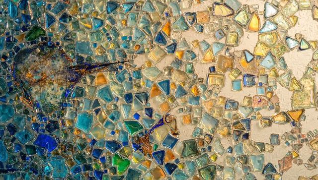 Vibrant abstract glass mosaic art on interior panel