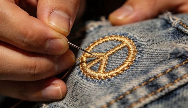 Hand Stitching Gold Peace Symbol on Blue Denim Closeup Crafting Embroidery Threadwork Detail