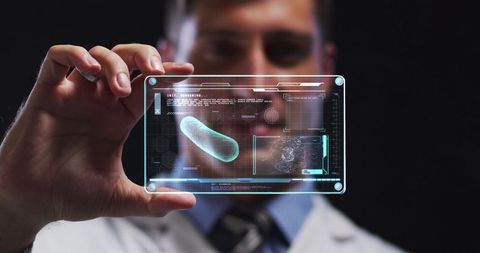 Scientist Analyzing Digital Data on Transparent Touchscreen