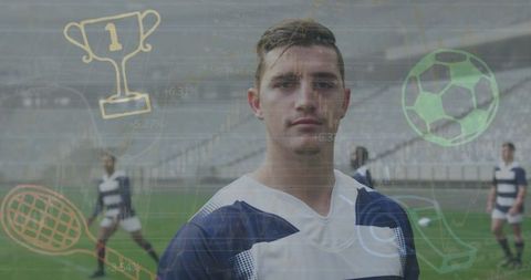 Focused Soccer Player on Field Background with Digital Sports Icons