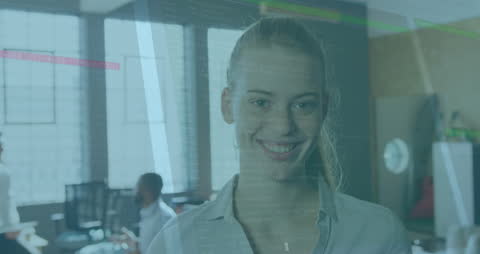 Smiling Woman in Modern Office with Data Overlay