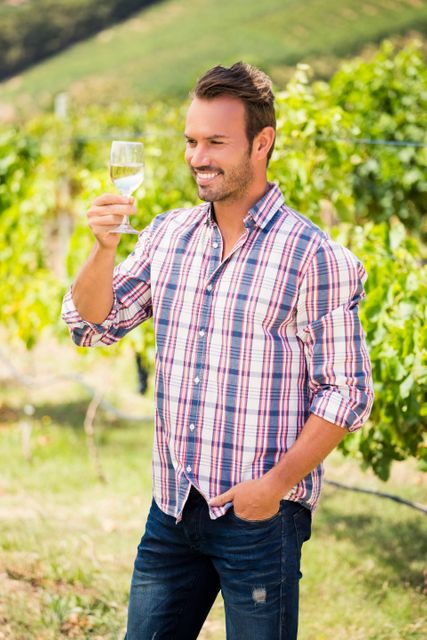Smiling young man holding wineglass at vineyard on sunny day