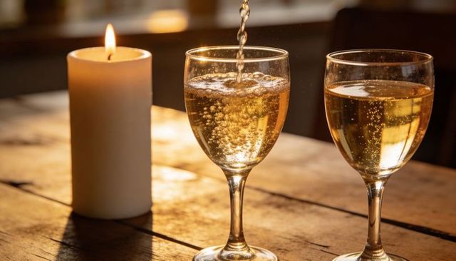 Pouring sparkling wine into two glasses by candlelight on rustic wooden table