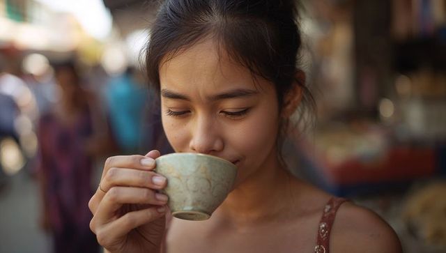 Asian woman sipping tea from ceramic cup at bustling open-air market, serene portrait