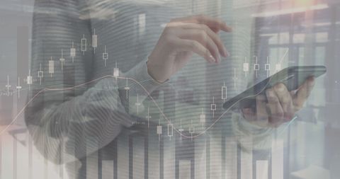 Woman Analyzing Financial Data on Smartphone with Digital Chart Overlay