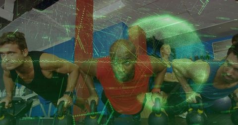 Group performing kettlebell pushups with green data overlay for high-intensity training