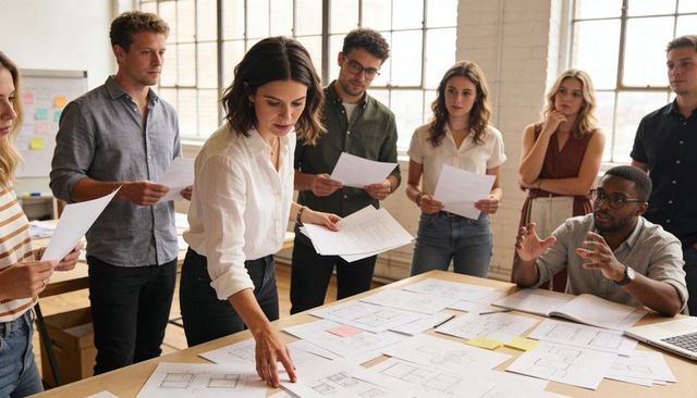 Creative team reviewing floorplans around table in bright studio collaboration meeting
