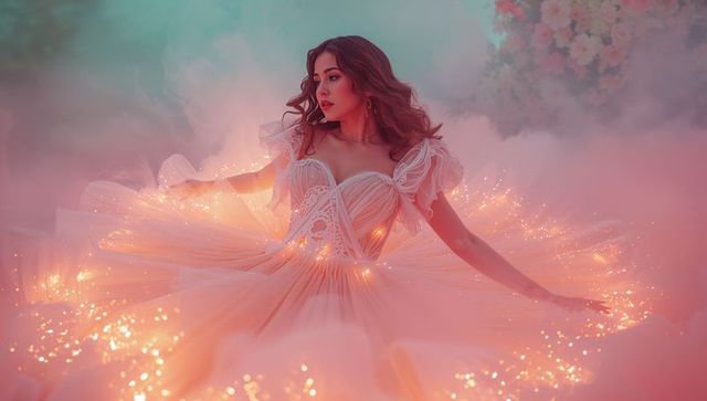 Ethereal Glamour: Woman in Sparkling Peach Gown Surrounded by Haze