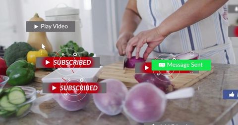 Mature cook chopping red onion on wooden cutting board with social media UI overlays