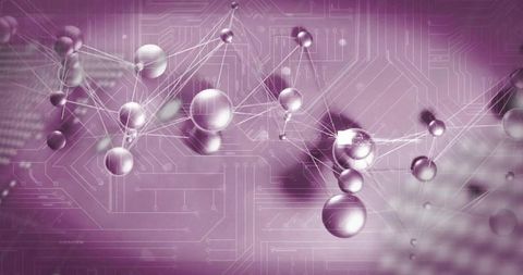 Magenta molecular network of reflective spheres connecting via luminous circuit traces