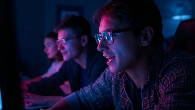 Enthusiastic gamers playing in neon lit room