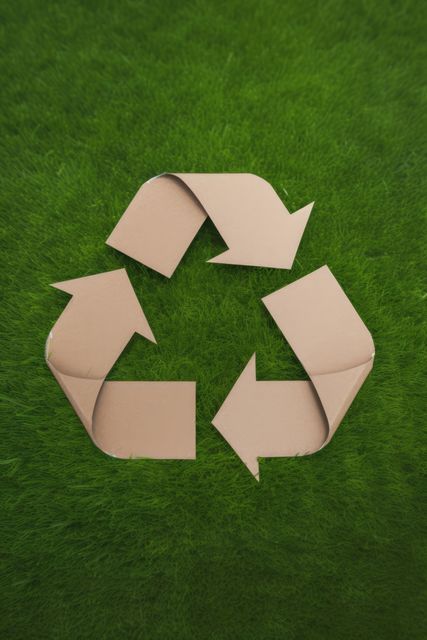 Paper arrows recycling sign on grass background, created using generative ai technology. Recycling, environment and climate change awareness concept digitally generated image.