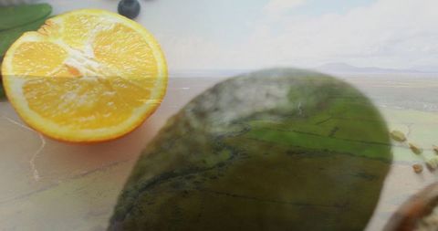 Fresh citrus and avocado over nature landscape reflections