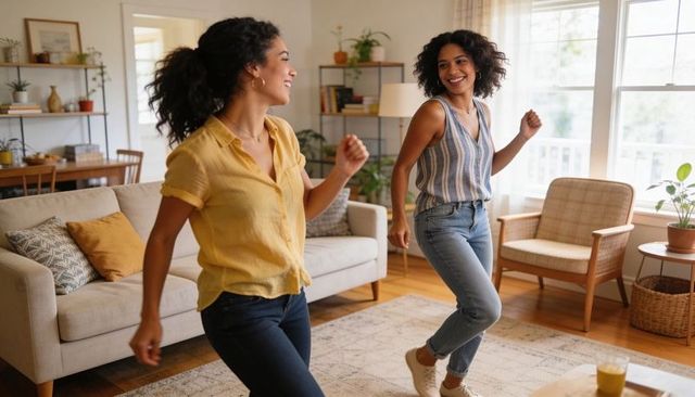 Two women dancing in sunlit living room laughing and moving with cozy home energy