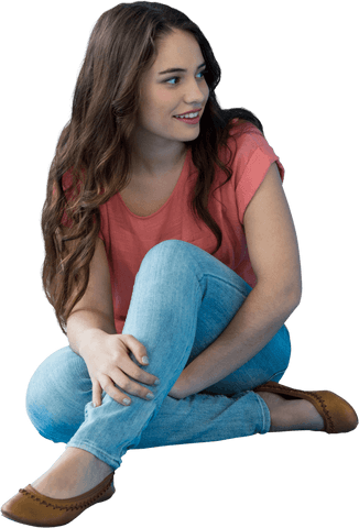 Joyful Young Caucasian Woman Sitting On Transparent Background