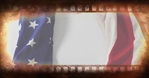 Vintage american flag filmstrip with light leaks, distressed sepia texture, cinematic