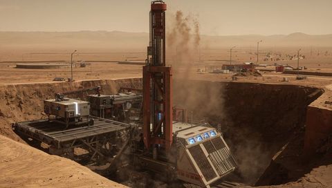 Vertical drill rig operating in deep desert pit creating dust plume at remote mining base