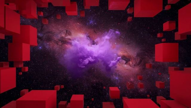 Floating Purple Nebula with Red Geometric Cubes in Space