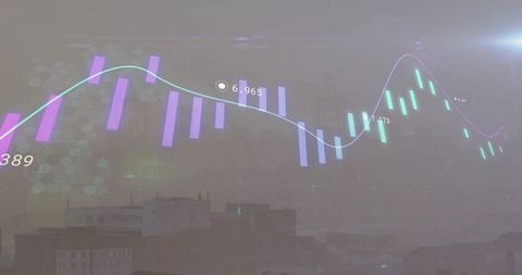 Hazy urban skyline with neon candlestick and smoothed line market chart overlay
