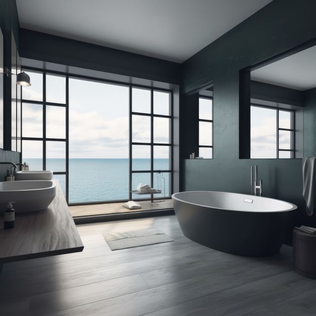 Dark modern bathroom with french windows and view to sea, created using generative ai technology. Contemporary bathroom interior design and natural light concept digitally generated image.