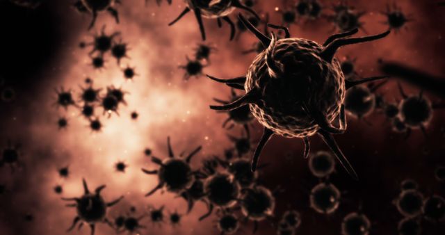 Microscopic entities displaying dark virus cells propagating in an ominous environment. Useful for visualizing concepts in virology, pathogens, medical research, and biological studies. Suitable for educational, scientific, and health-related media on topics of viruses, diseases, pandemics, and microscopic organisms.