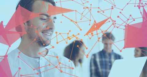 Smiling Man Engaged with Digital Network Visualization Technology