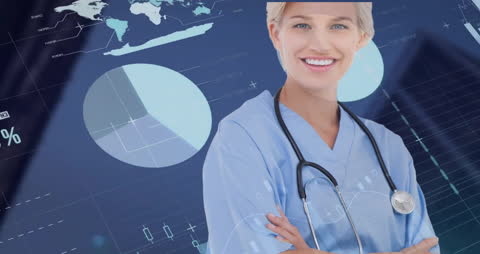 Smiling Female Doctor Overlapping Digital Financial Graphics